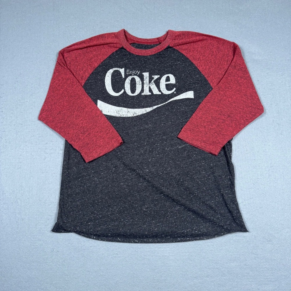 Coca-Cola Graphic Raglan T-Shirt Mens Large Black Red Baseball Style Distressed